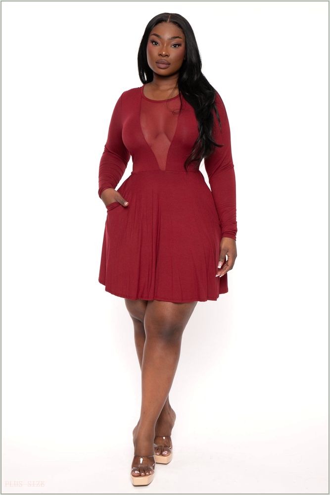  Plus Size Vika Mesh Flare Dress - Burgundy H4-CS2604-BY-1X