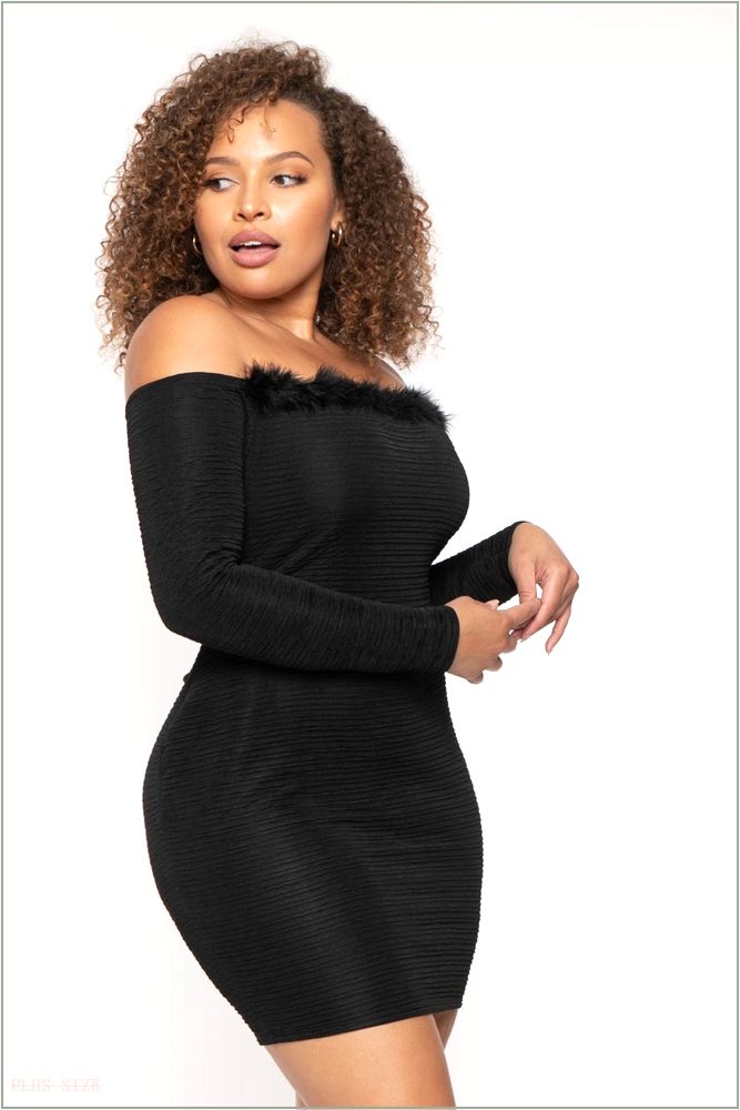  Plus Size Vivienne Boa Mini Dress - Black H9-CS2592-BK-1X