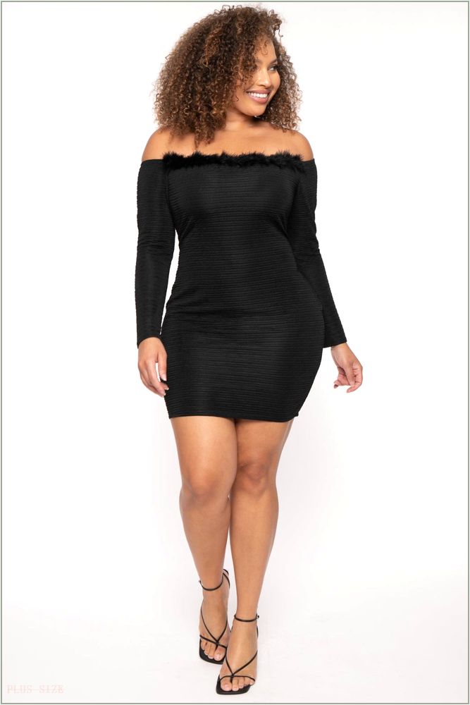  Plus Size Vivienne Boa Mini Dress - Black H9-CS2592-BK-1X