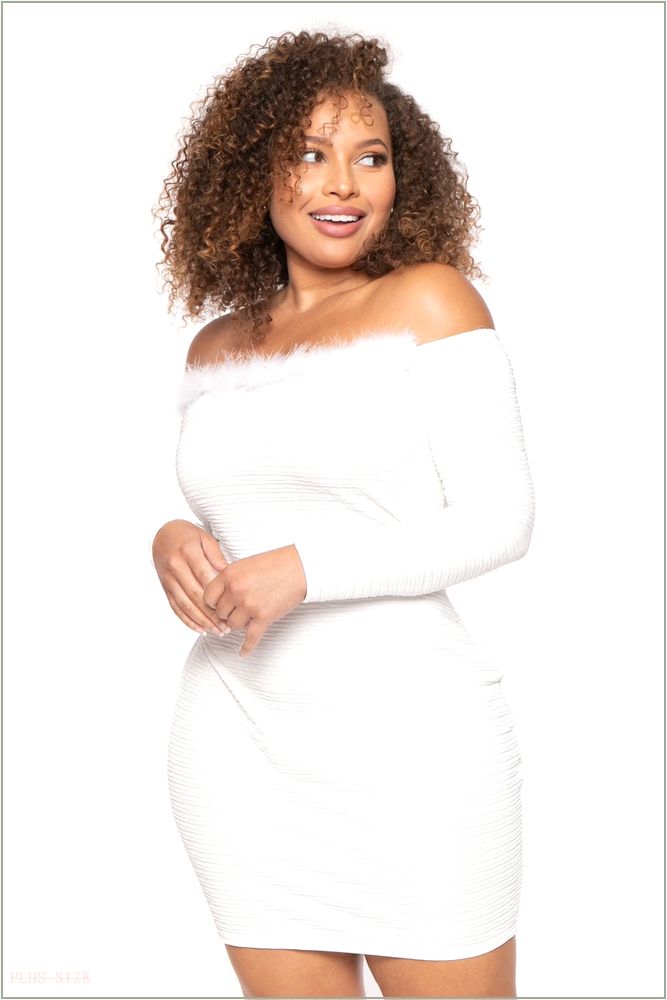  Plus Size Vivienne Boa Mini Dress - White H9-CS2592-WH-1X