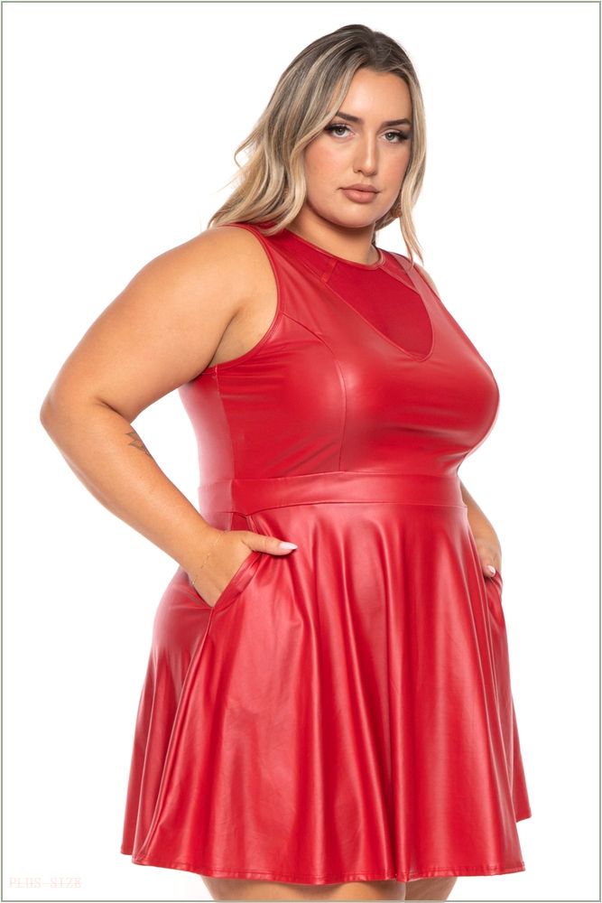  Plus Size Vixen Faux Leather Flare Dress - Red H14-CS2311-RD-1X