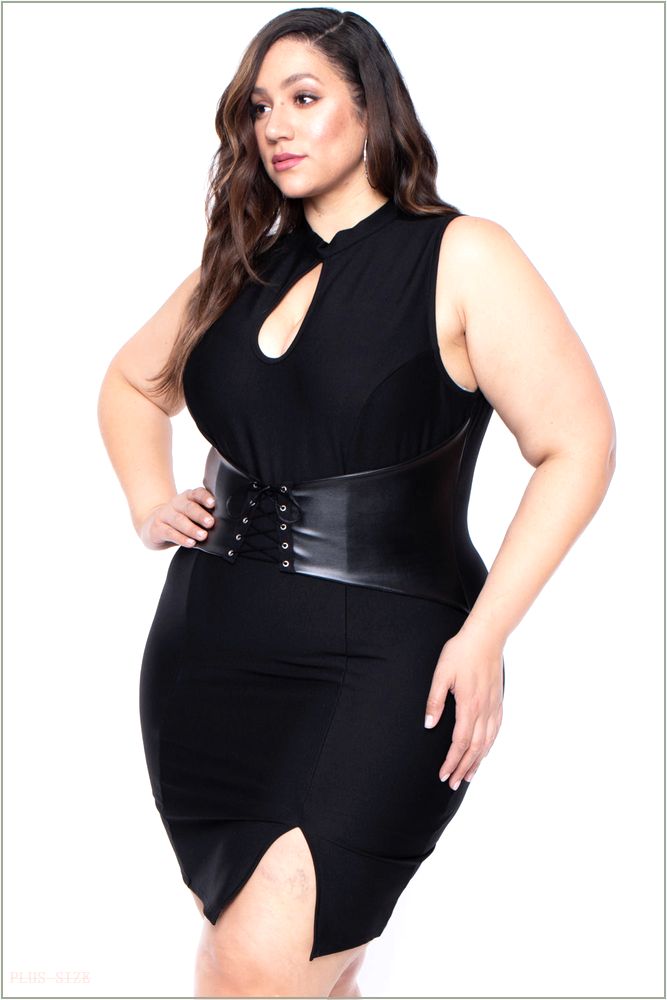  Plus Size Waist Snatcher Bodycon Dress - Black P27-CS0219-BK-1X