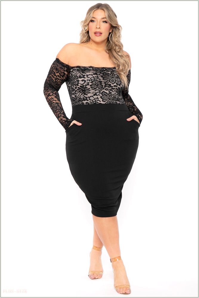  Plus Size Yadira Lace Top Midi Dress - Black J7-CS2264-BK-3X