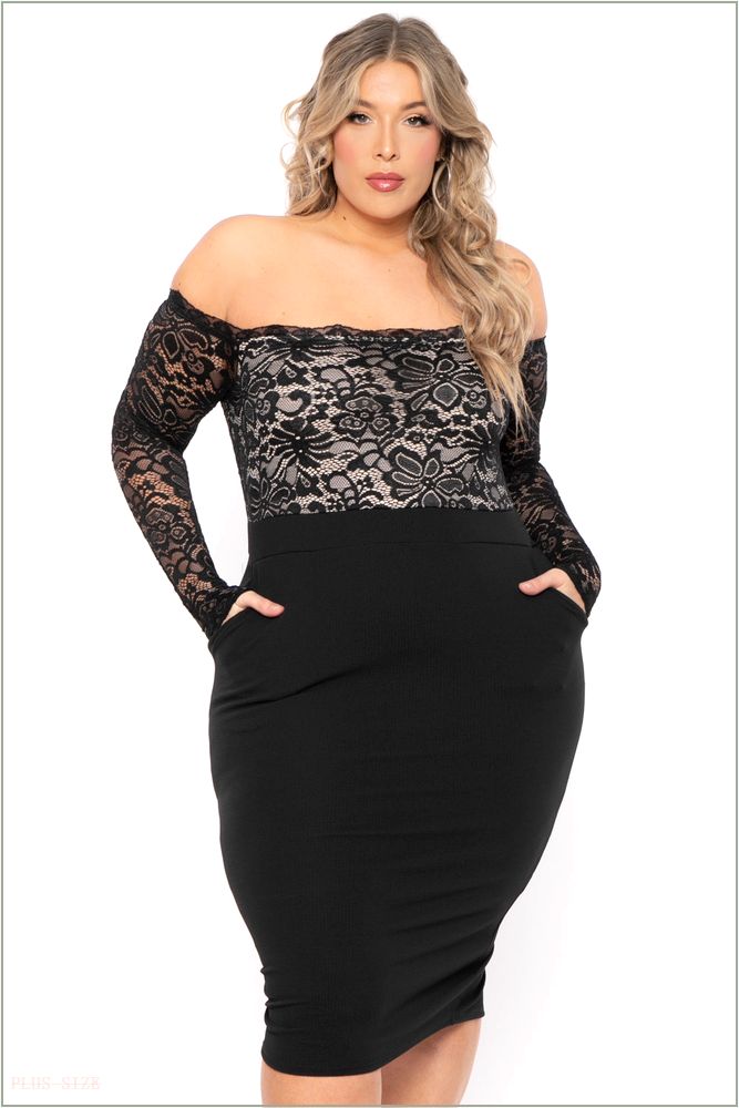  Plus Size Yadira Lace Top Midi Dress - Black J7-CS2264-BK-3X