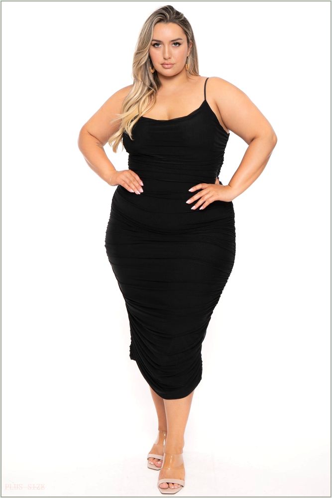  Plus Size Yesenia Ruched Mesh Dress - Black D31-RVD1745-P-BK-1X