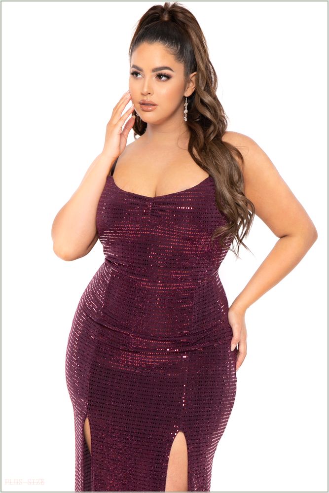  Plus Size Zahrah Sequins M-Slit Dress - Burgundy B26-CS2269-BY-3X