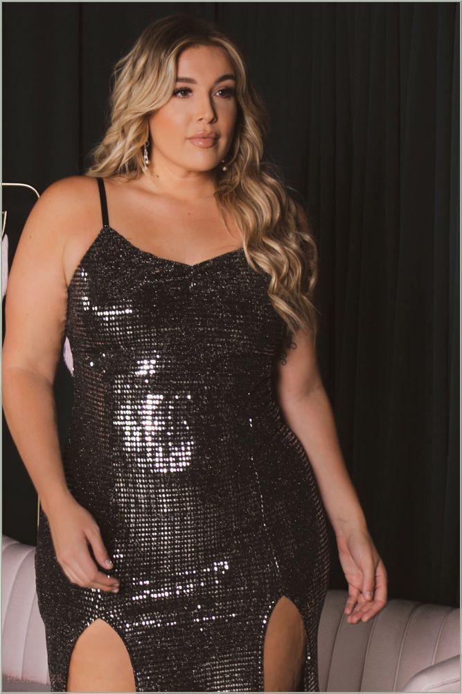  Plus Size Zahrah Sequins M-Slit Dress - Silver B26-CS2269-SV-1X