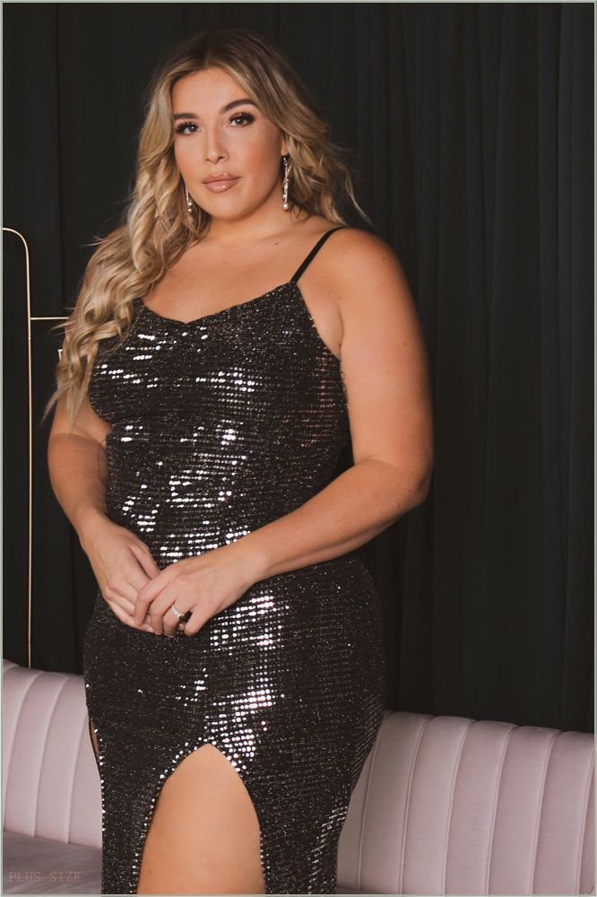  Plus Size Zahrah Sequins M-Slit Dress - Silver B26-CS2269-SV-1X