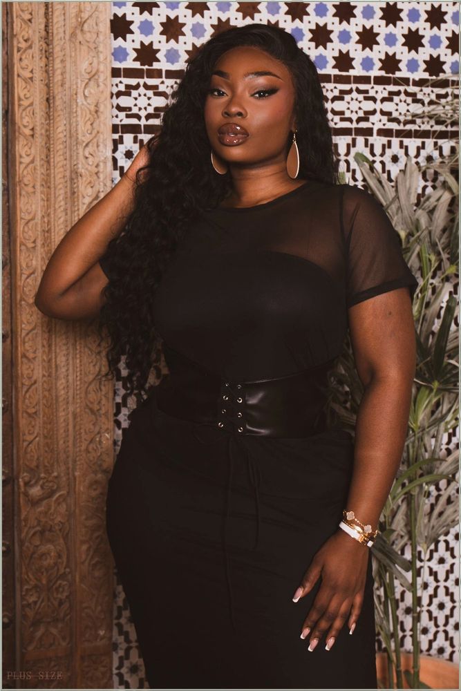  Plus Size Zelie Belted Mesh Midi Dress- Black H8-CS2376-BK-1X