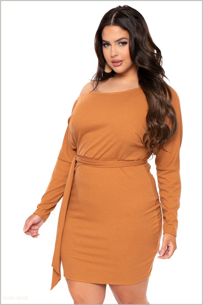  Plus Size Zinnia Off Shoulder Ribbed Dress - Camel V51-CS2233-CM-2X