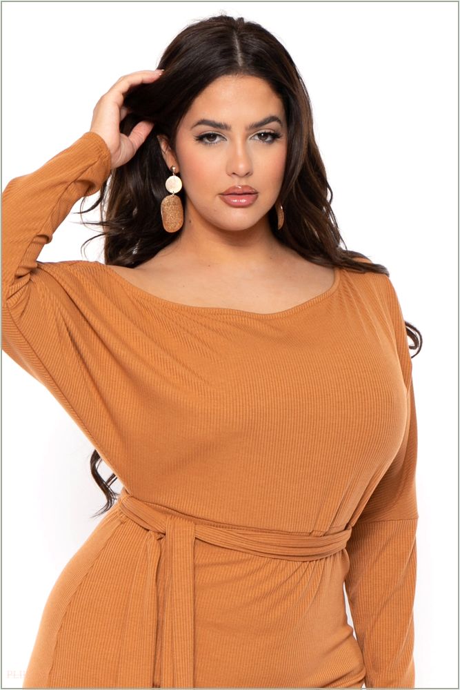  Plus Size Zinnia Off Shoulder Ribbed Dress - Camel V51-CS2233-CM-2X