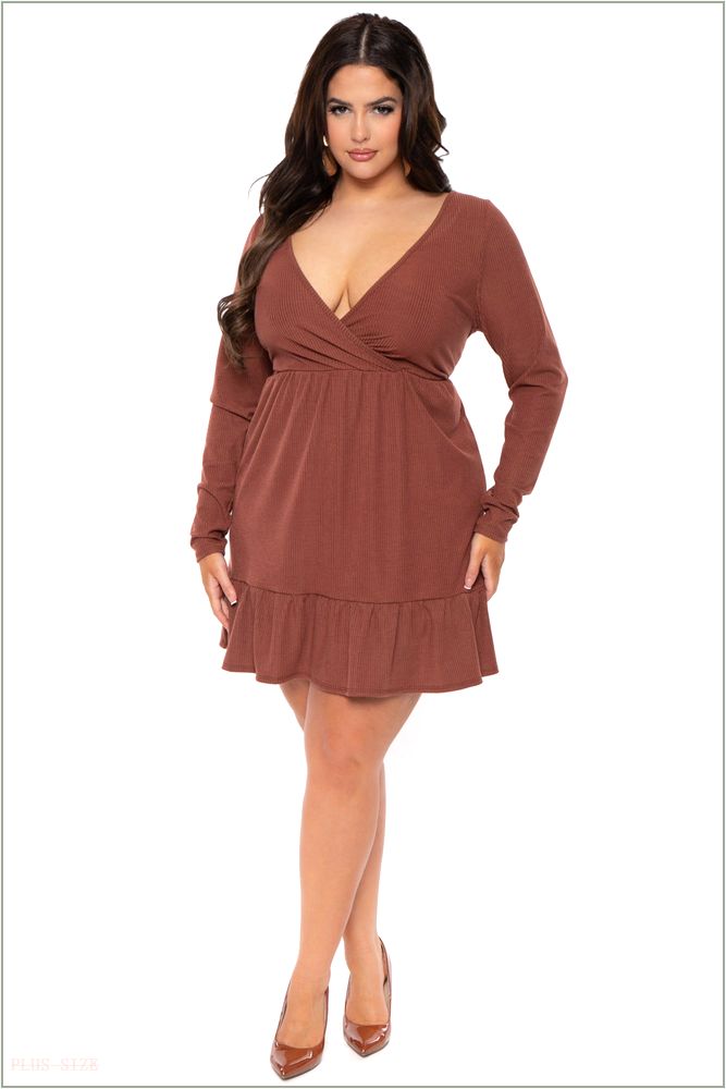  Plus Size Zuri Ribbed Flare Dress- Brown UP12-CS2230-BN-2X