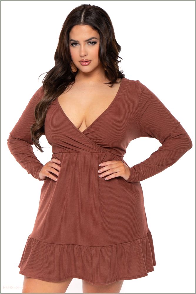  Plus Size Zuri Ribbed Flare Dress- Brown UP12-CS2230-BN-2X